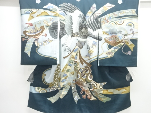 鷹に宝尽くし模様紋付男児着物(内袖・長襦袢付き)